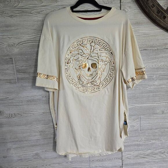 Makobi Skull Gold Greek Key Shirt Womens SZ 3X Cream Shirt - Picture 1 of 11